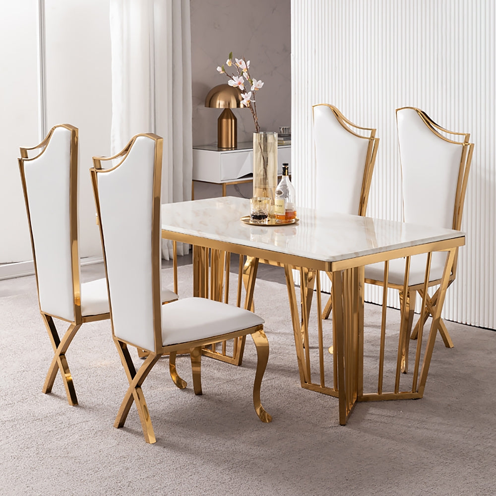 White Upholstered Dining Chairs Set of 2 Stainless Steel Side Chair with Gold Legs