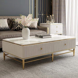 White Faux Marble Rectangle Coffee Table in Gold with Storage 4 Drawers 51.2