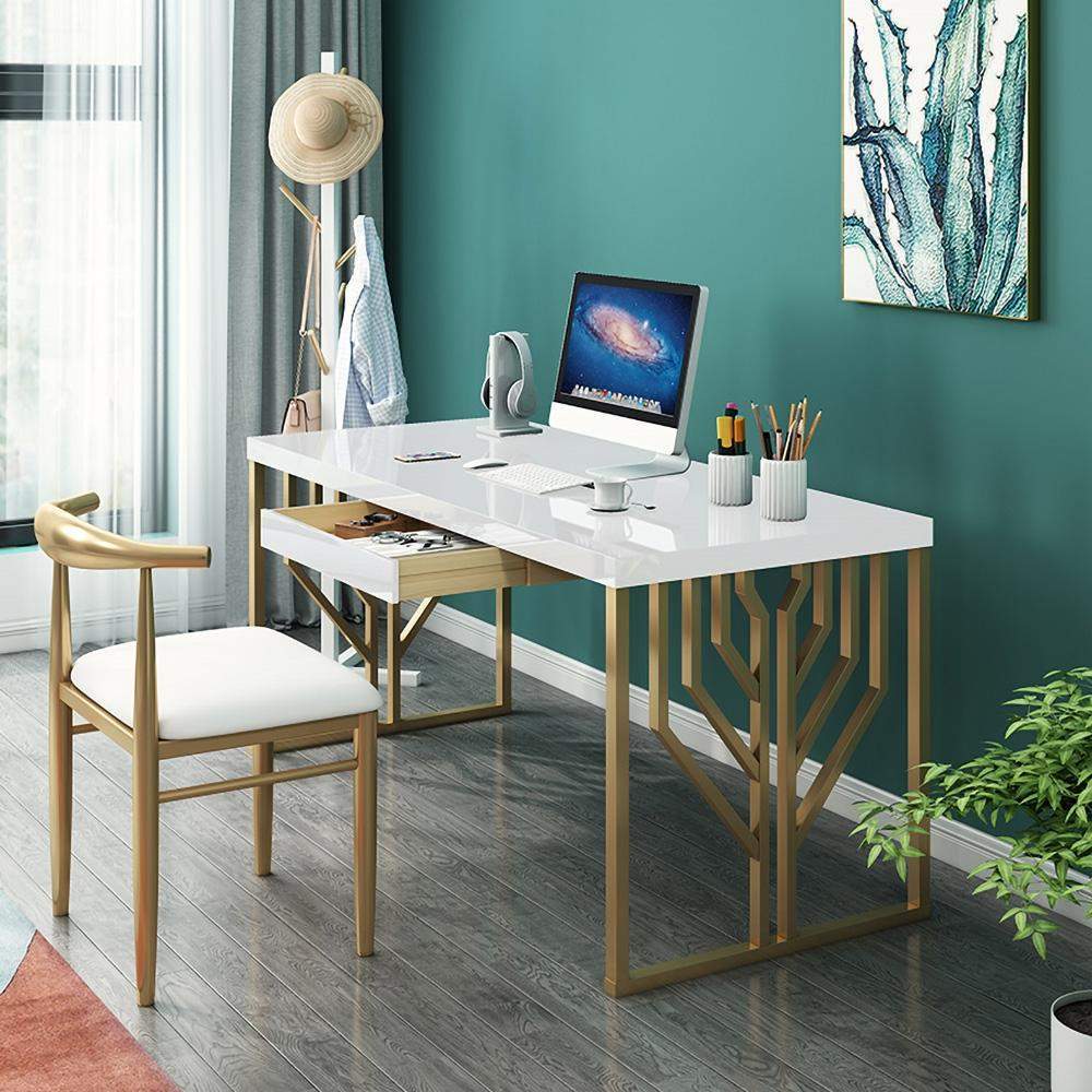 White Rectangular Writing Desk Modern Computer Desk Pine & Metal-Desks,Furniture,Office Furniture