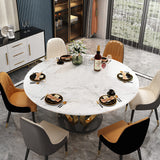 Mesa de comedor blanca redonda moderna para 6 personas con tapa de mármol dorada y pedestal negro
