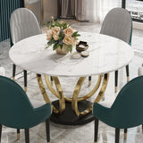 Table à manger blanche ronde moderne pour 6 personnes en marbre haut or et piédestal noir