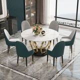 Table à manger blanche ronde moderne pour 6 personnes en marbre haut or et piédestal noir