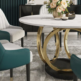 Mesa de comedor blanca redonda moderna para 6 personas con tapa de mármol dorada y pedestal negro
