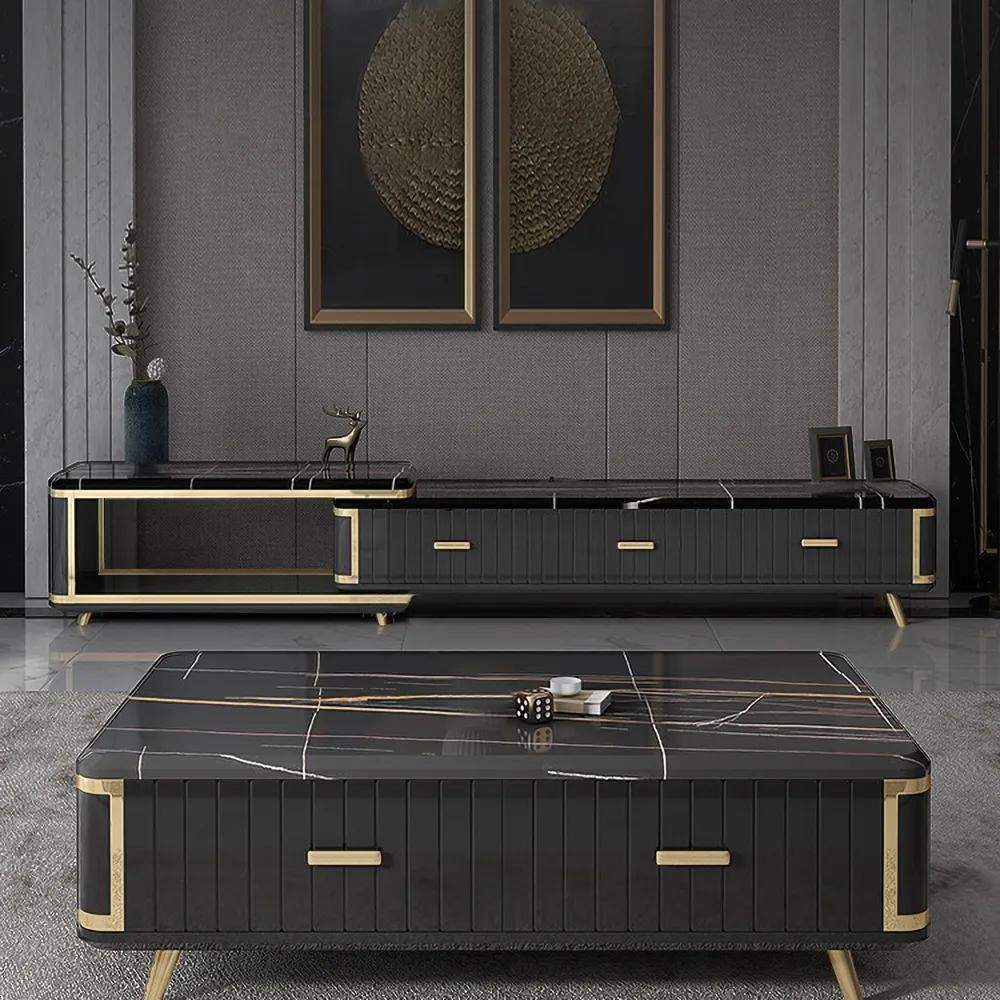 Black Extendable TV Stand Entertainment Cabinet with Storage Faux Marble TV Stand-Richsoul-Furniture,Living Room Furniture,TV Stands