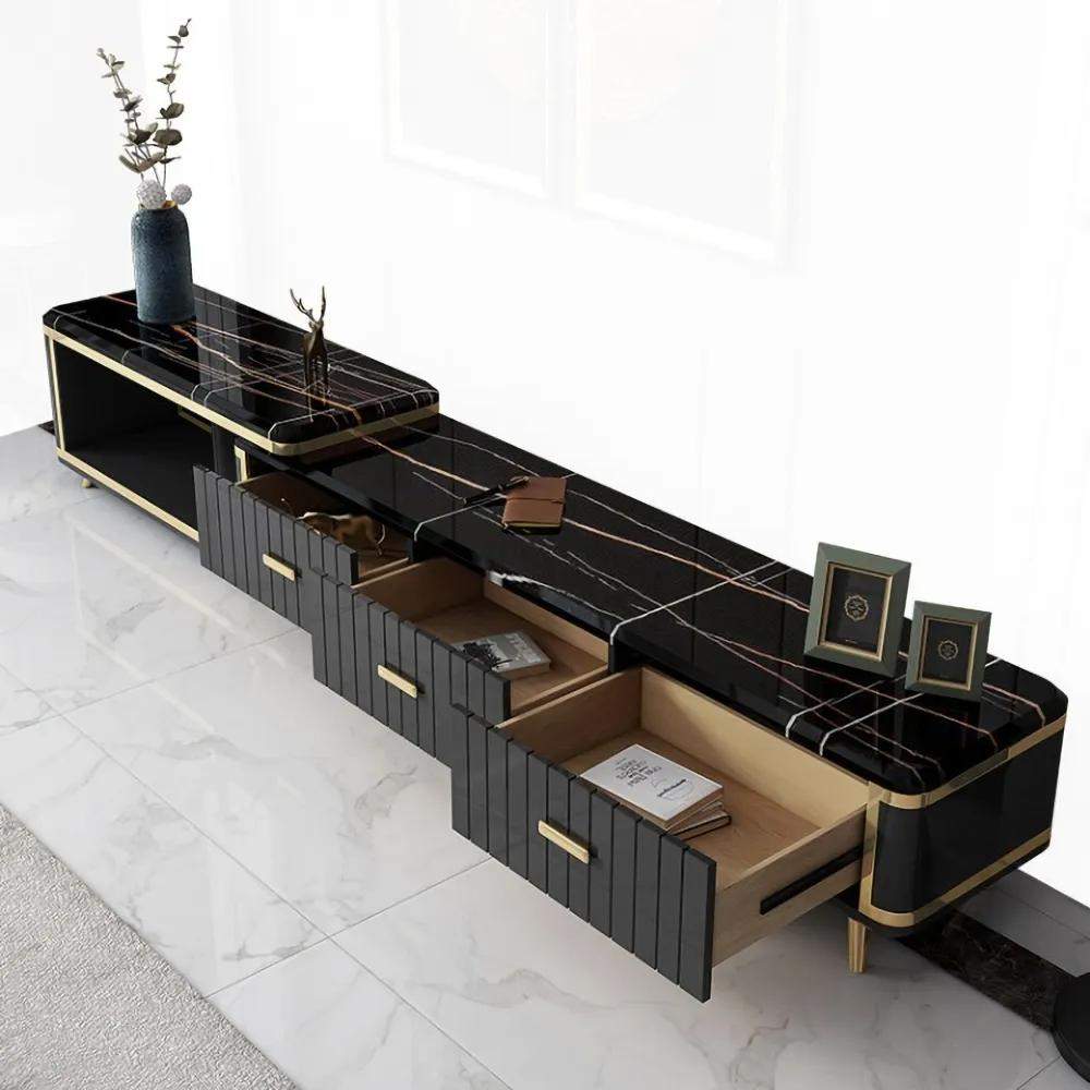 Black Extendable TV Stand Entertainment Cabinet with Storage Faux Marble TV Stand-Richsoul-Furniture,Living Room Furniture,TV Stands