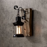 Industrial Cottage Style Metal Clear Glass Lantern 1-Light Wall Light & Wood Backplate