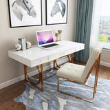 3 Drawer White Desk for Home Office 47" Writting Desk Gold Base Stainless Steel-Desks,Furniture,Office Furniture