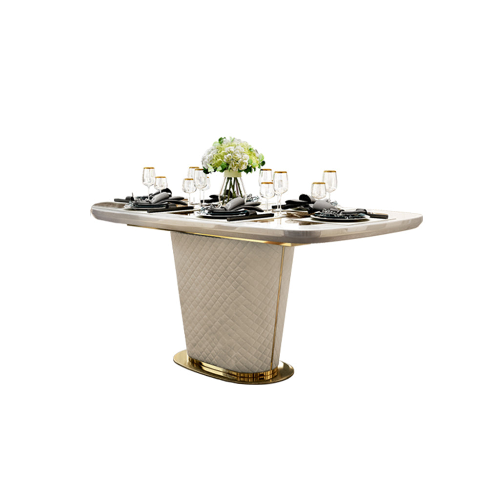 Modern 63" Marble Rectangular Pedestal Dining Table PU Leather & Stainless Steel in Gold