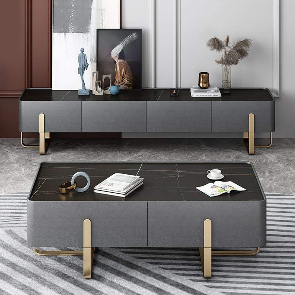 Modern Coffee Table with Storage Balck Stone Top & Gold Stainless Steel Trestle-Coffee Tables,Furniture,Living Room Furniture