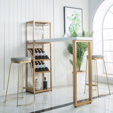 Mesa alta de mostrador dorada Mesa de bar para interiores con estante para botellas de vino y copas