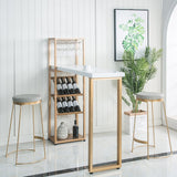 Mesa alta de mostrador dorada Mesa de bar para interiores con estante para botellas de vino y copas