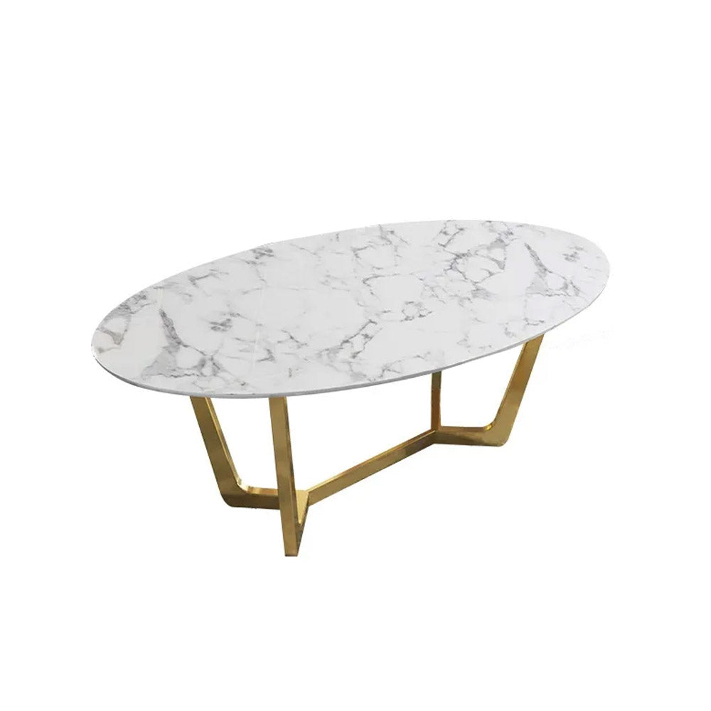 Oval Dining Table White Faux Marble Dining Table Modern 63" Dining Table with Gold Frame