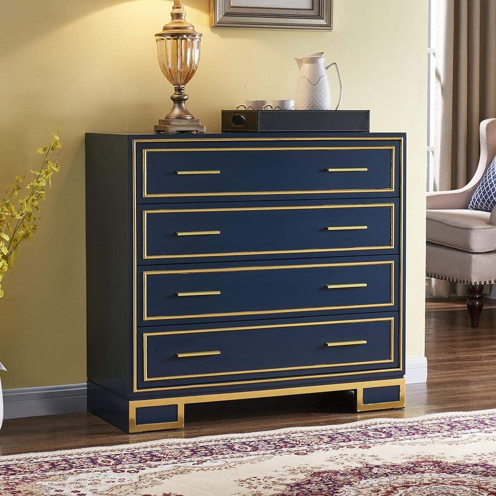 Modern Luxury Blue Cabinet Gold Painted Rims 4-Drawer Accent Chest-Richsoul-Cabinets &amp; Chests,Furniture,Living Room Furniture