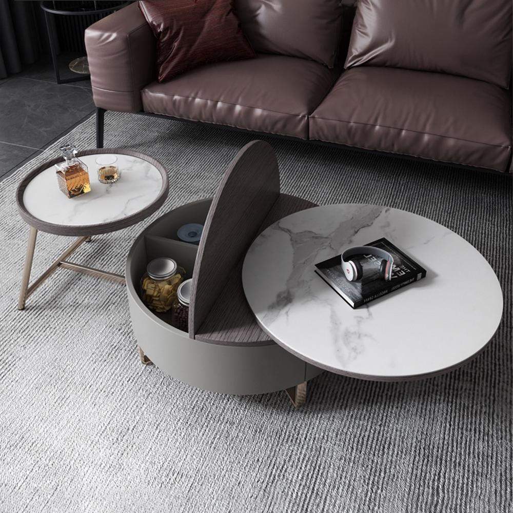 Gray Round Swivel Coffee Table with Storage Drawer 2 Piece Set White Stone-Coffee Tables,Furniture,Living Room Furniture