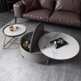 Gray Round Swivel Coffee Table with Storage Drawer 2 Piece Set White Stone