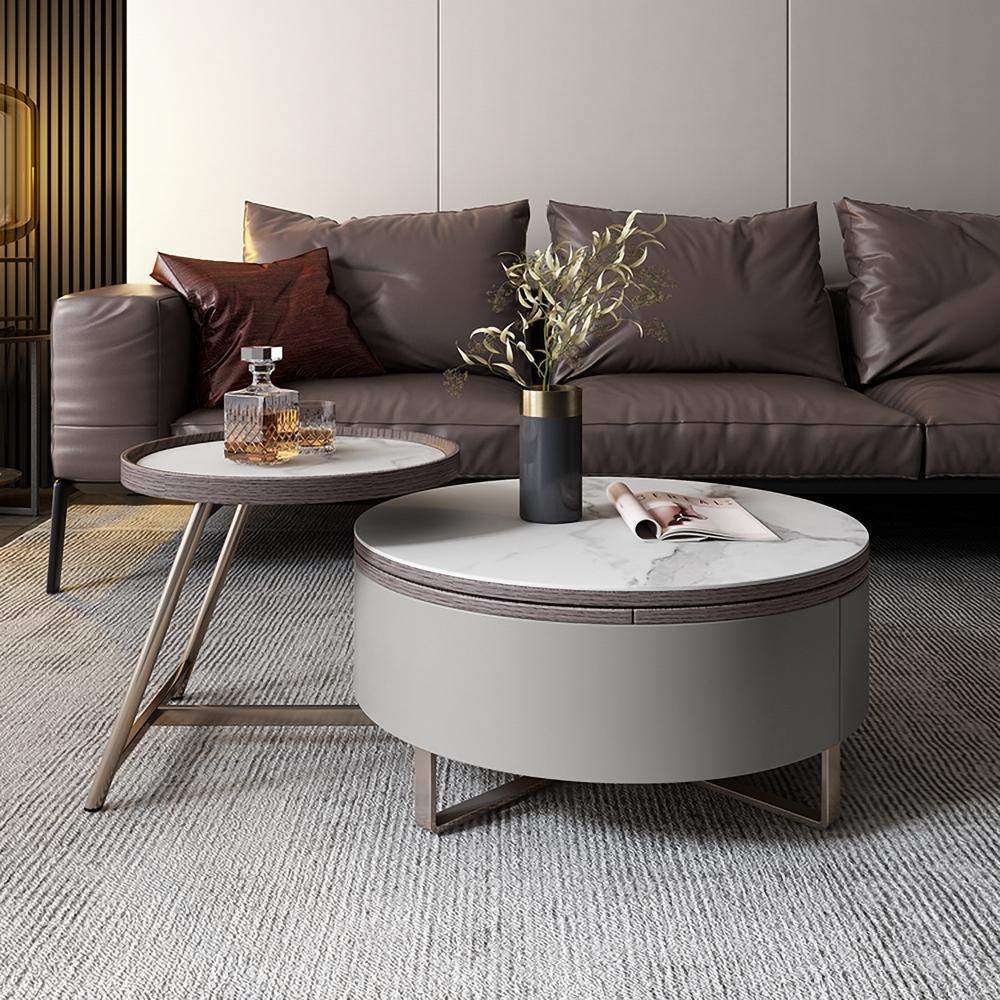 Gray Round Swivel Coffee Table with Storage Drawer 2 Piece Set White Stone-Coffee Tables,Furniture,Living Room Furniture