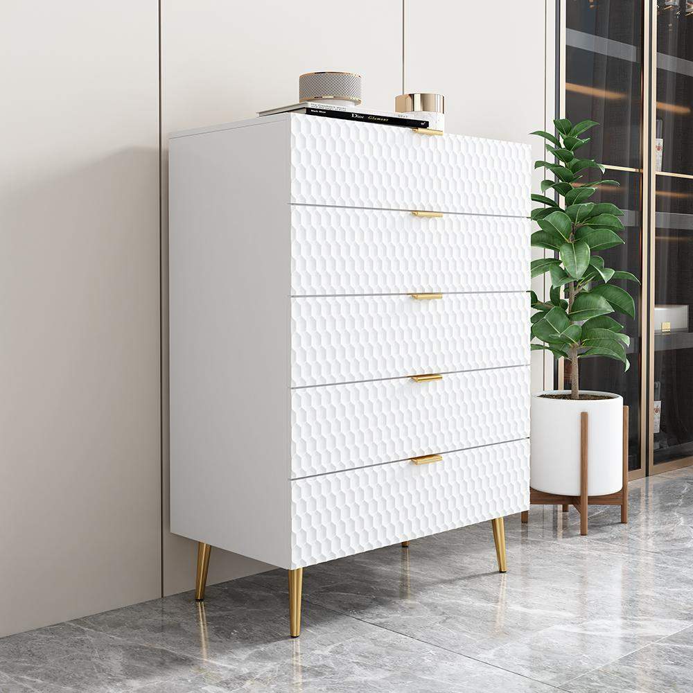 Modern Mid Century Style Solid Manufactured Wood Chest of 5 Drawers in Gold&White-Richsoul-Cabinets &amp; Chests,Furniture,Living Room Furniture