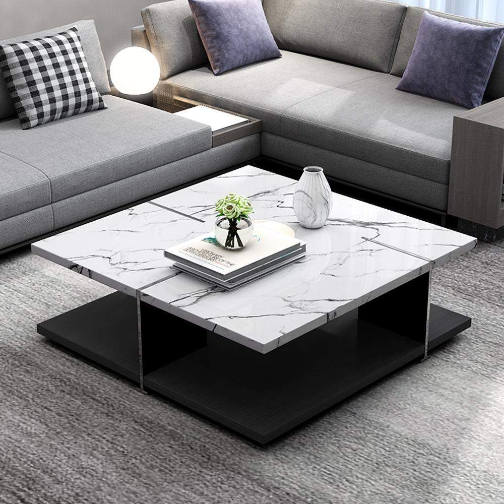 White Square Coffee Table Faux Marble Accent Table with Storage Stainless Steel-Richsoul-Coffee Tables,Furniture,Living Room Furniture