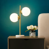 Lámpara de mesa LED moderna dorada con forma de globo, 2 luces, pantalla de cristal blanco, base de mármol