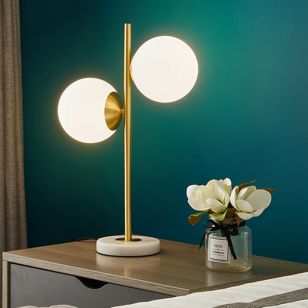Gold Modern LED Globe Table Lamp 2 Light White Glass Shade Marble Base