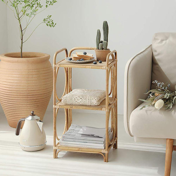 Rustic Rattan Standard Bookshelf with 3-Tier Wooden Shelf – WEHOMZ