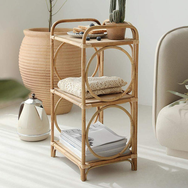 Rustic Rattan Standard Bookshelf with 3-Tier Wooden Shelf – WEHOMZ