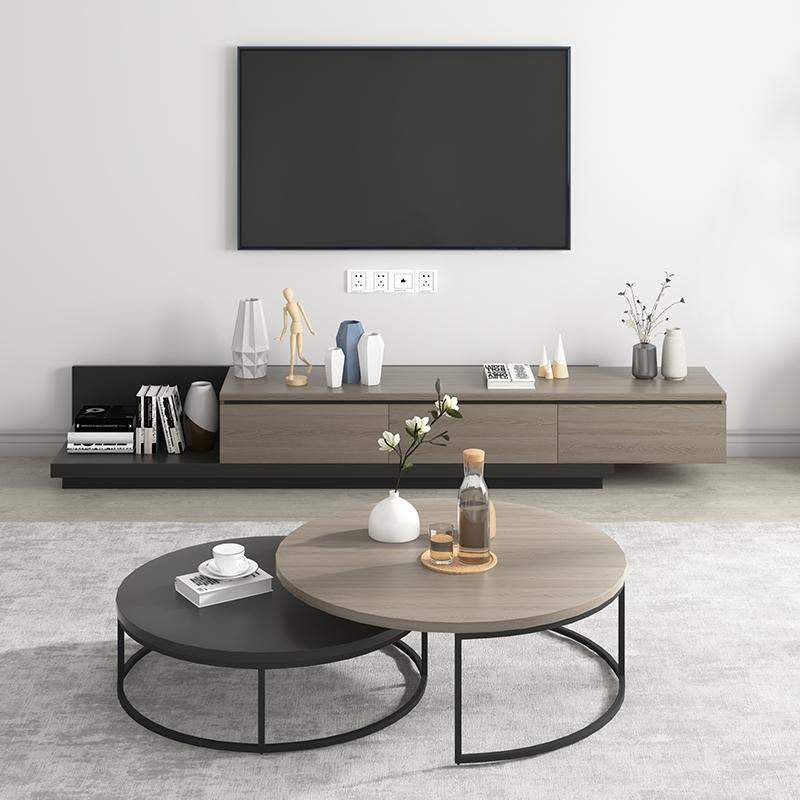 Modern Round Nesting 2-Piece Extendable Gray & Black Living Room Accent Coffee Table-Coffee Tables,Furniture,Living Room Furniture