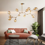 Modern Minimalist Tree Branch Amber Glass Globe Shade Adjustable 11-Light Large Pendant Light Metal in Gold