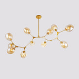 Moderner, minimalistischer Baumzweig, Bernsteinglas, Kugelschirm, verstellbar, 11-flammig, große Pendelleuchte aus Metall in Gold