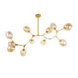 Rama de árbol minimalista moderna, pantalla de globo de cristal ámbar, lámpara colgante grande ajustable de 11 luces, Metal dorado