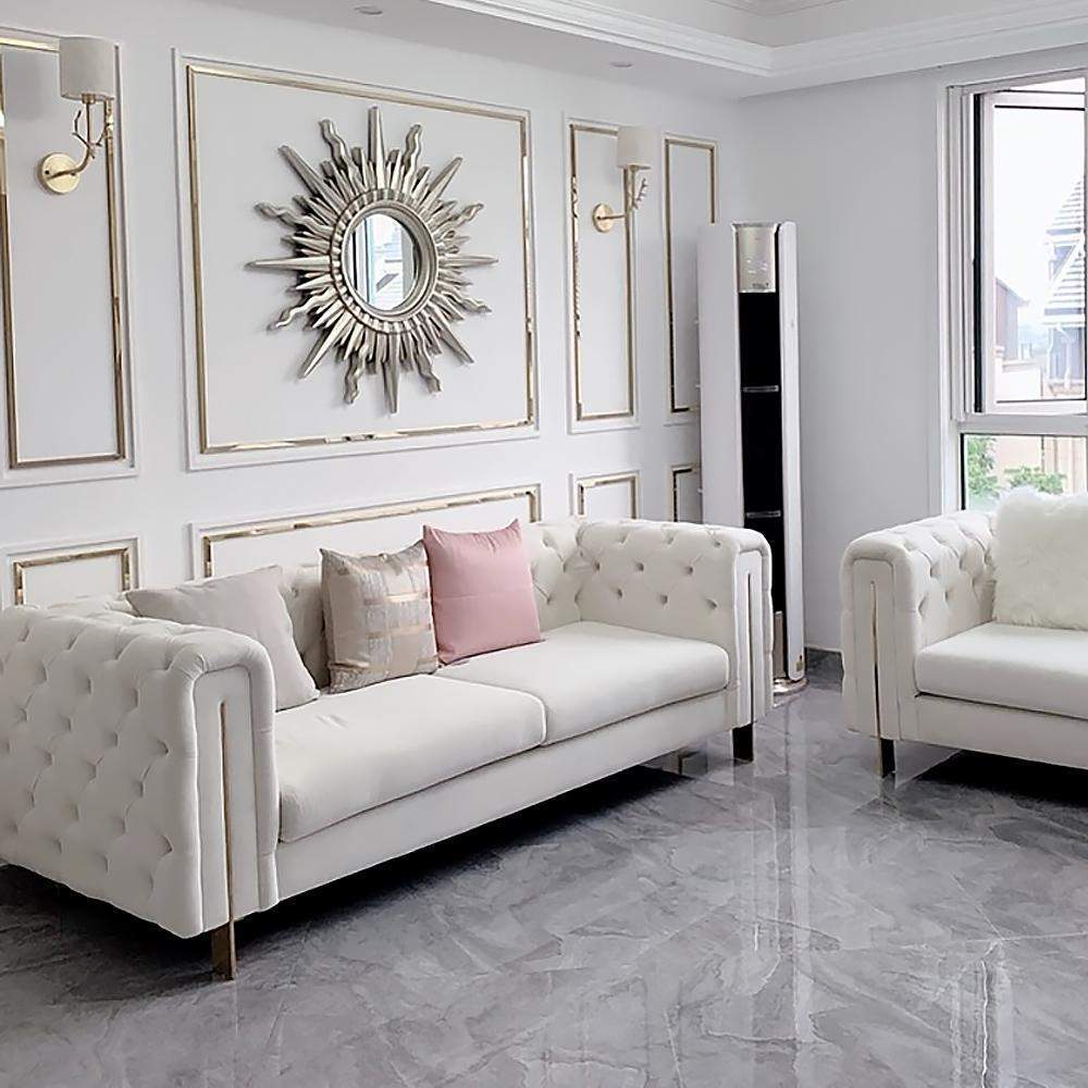 86.6" Modern Velvet Upholstered Sofa 2-Seater Sofa White Tufted Sofa-Furniture,Living Room Furniture,Sofas &amp; Loveseats