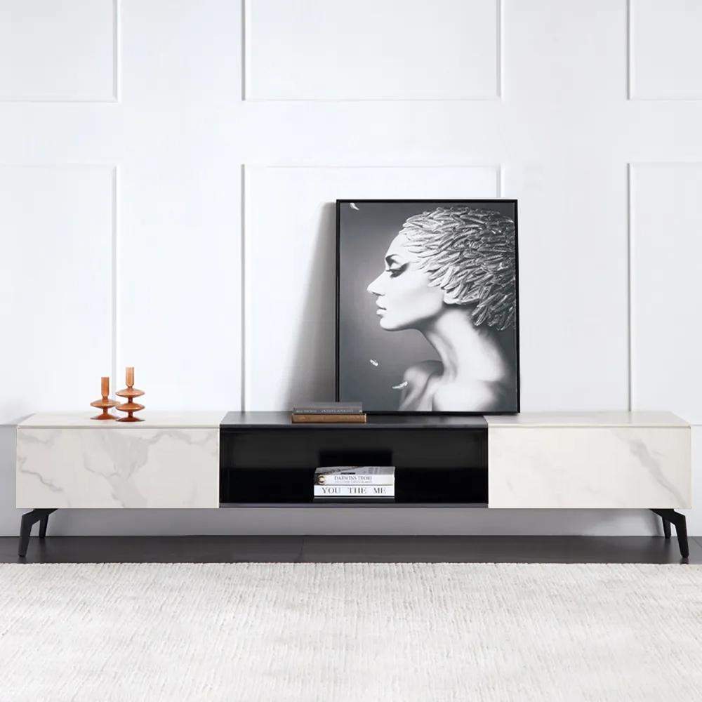 Modern Black & White TV Stand with Drawers Media Cabinet with Carbon Steel Legs in Black-Richsoul-Furniture,Living Room Furniture,TV Stands