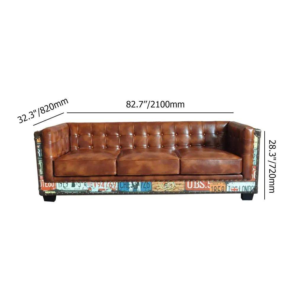 Vintage Industrial Loft 3-Seater Sofa Tufted Brown Faux Leather Upholstered Sofa-Richsoul-Furniture,Living Room Furniture,Sofas &amp; Loveseats