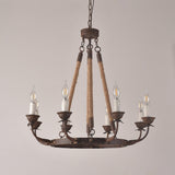 Rustic Flaxen Hemp Rope & Metal 8-Light Round Candelabra Chandelier in Rust