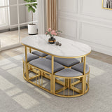 Modern White Oval Dining Table with Stools Faux Marble Top & Metal Frame