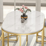 Mesa de comedor ovalada blanca moderna con taburetes de imitación de mármol y marco de metal
