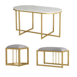 Moderner weißer ovaler Esstisch mit Hockern, Marmorplatte und Metallrahmen