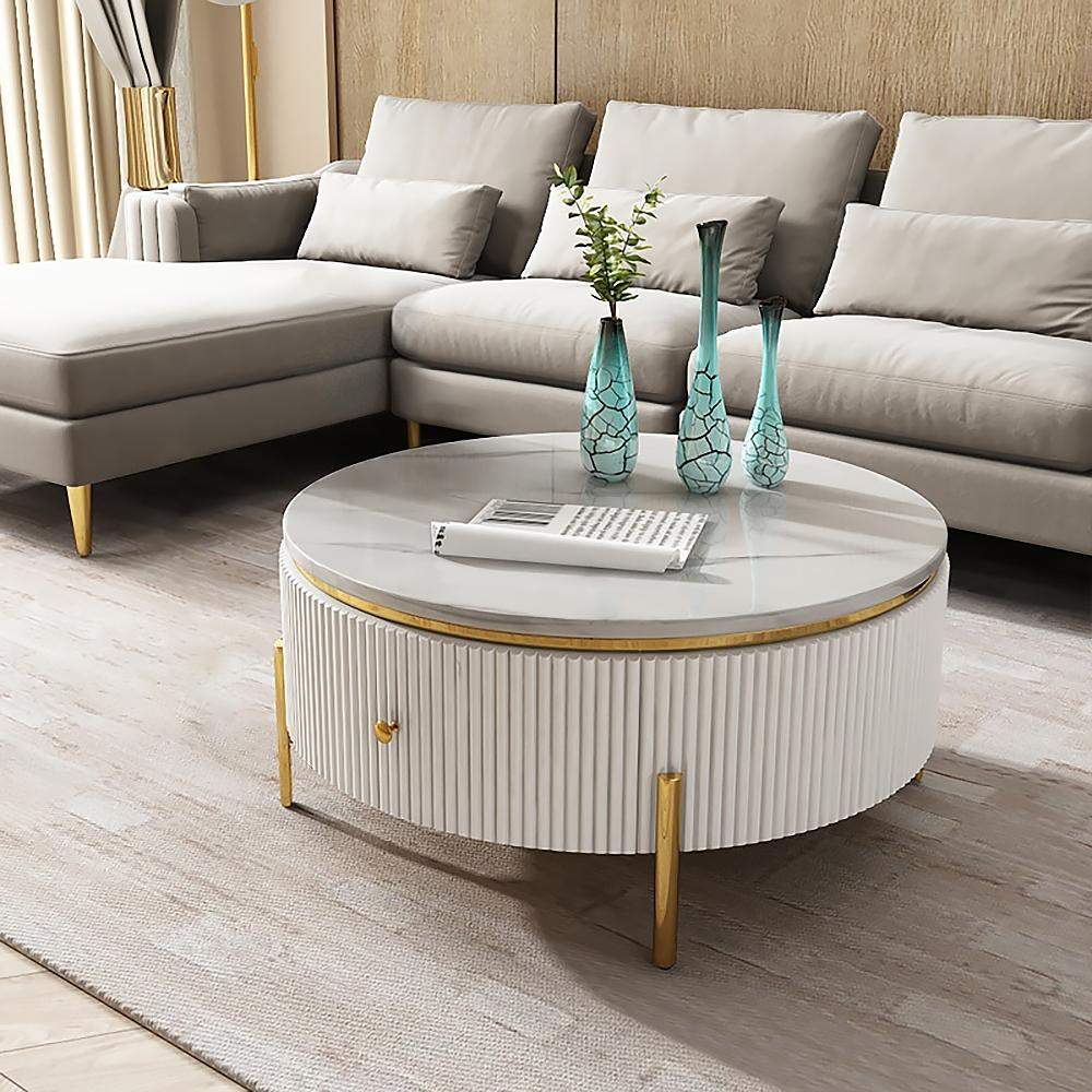 Modern Round Coffee Table with Storage Faux Marble Accent Table Stainless Steel in Gold-Richsoul-Coffee Tables,Furniture,Living Room Furniture