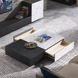 Black & White Coffee Table with Storage Rectangle Stone Top & Wood Drawers