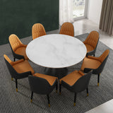 47.2" Round White Stone Dining Table Black Carbon Steel Base