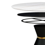 47.2" Round White Stone Dining Table Black Carbon Steel Base