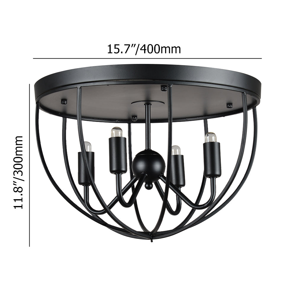 Rustic Black Metal Round Cage Semi Flush Mount Ceiling Light with 4 Candelabra Shaped Lights
