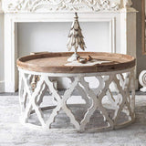 トレイテーブルトップ木製彫刻アクセントテーブル付きの白い丸いコーヒーテーブル