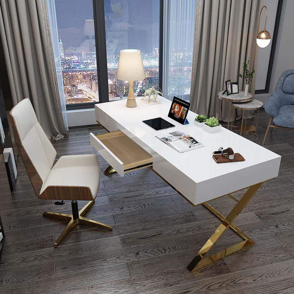 55" White Office Desk with Drawer Rectangular Modern Computer Desk-Desks,Furniture,Office Furniture
