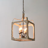Country French 4-Light Square Lantern Chandelier en gris et or antiques