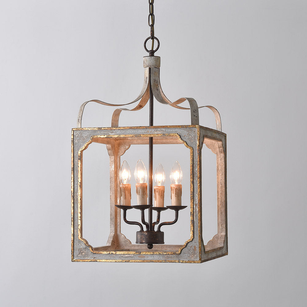 French Country 4-Light Square Lantern Chandelier in Antique Gray & Gold