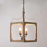 Country French 4-Light Square Lantern Chandelier en gris et or antiques