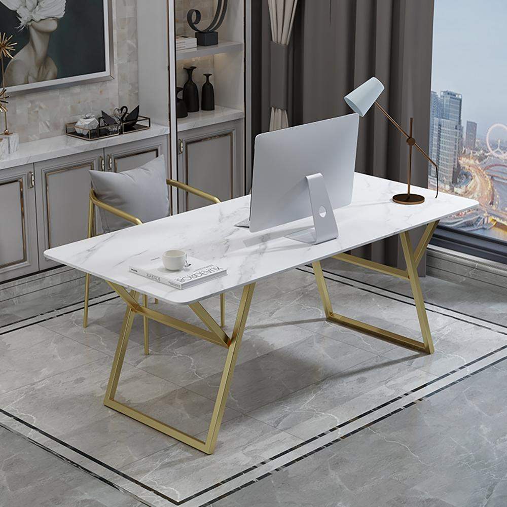 Modern White Desk with Marble Top & Gold Metal Frame-Desks,Furniture,Office Furniture