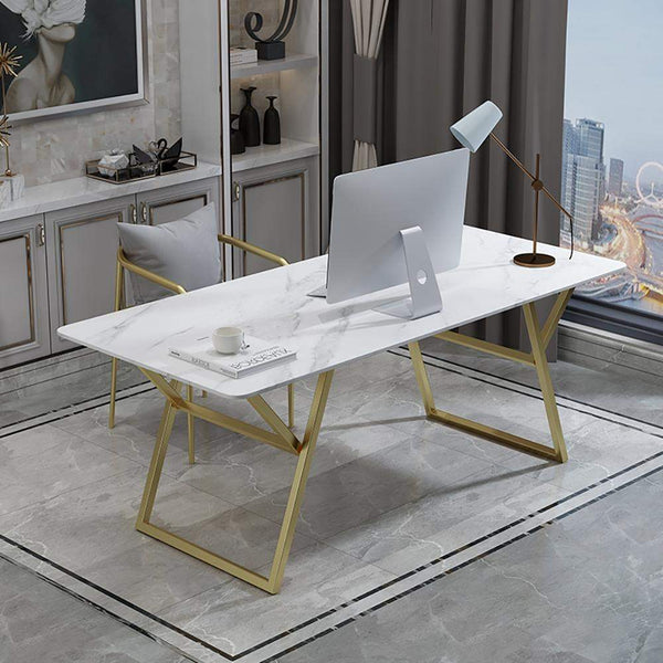 Modern White Desk with Marble Top & Gold Metal Frame – WEHOMZ