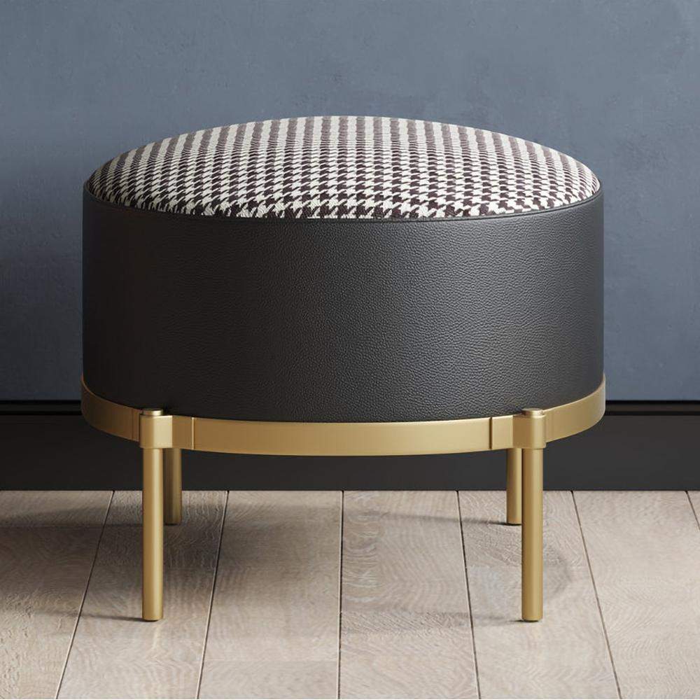 Black Faux Leather Houndstooth Linen Ottoman Upholstered Ottoman Footrest in Gold-Richsoul-Furniture,Living Room Furniture,Ottomans &amp; Benches